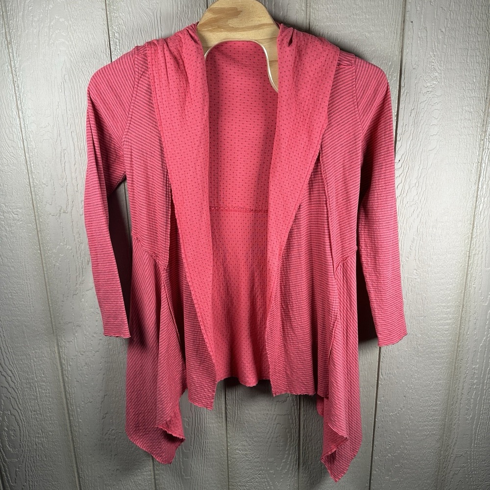 Cut Loose Hooded Open Front Asymmetrical Hem Cardigan Womens Large Pink Stripe